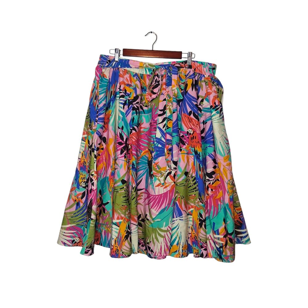 Ashley Stewart Tropical Parrot Palm Print Midi Skirt Size 4X | Colorful A-Line
